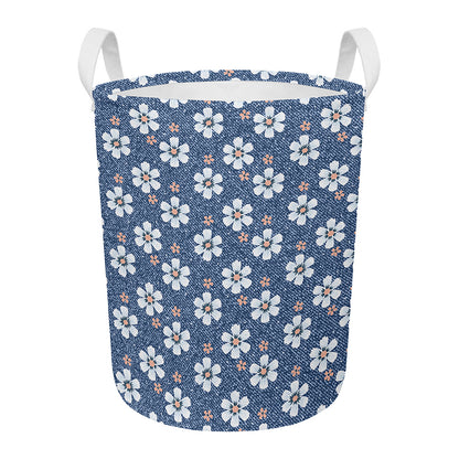 Flower Denim Jeans Pattern Print Round Laundry Basket