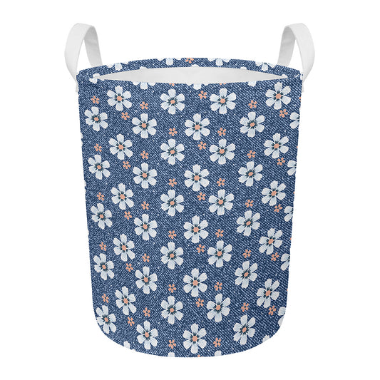 Flower Denim Jeans Pattern Print Round Laundry Basket