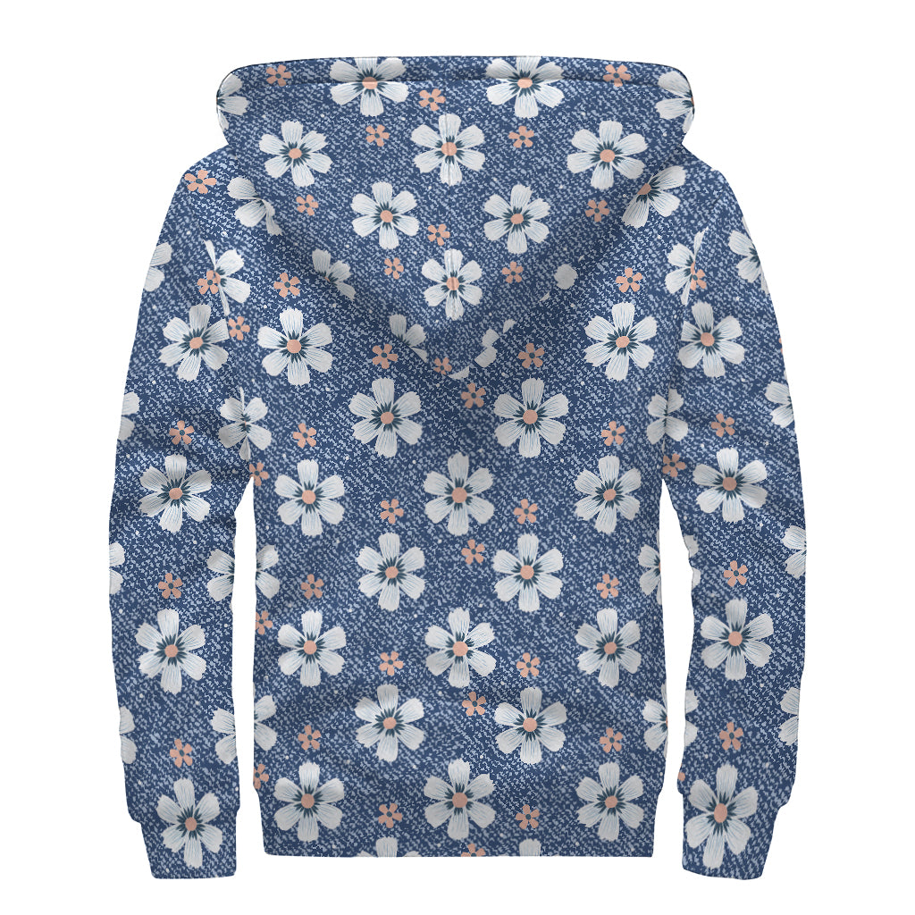 Flower Denim Jeans Pattern Print Sherpa Lined Zip Up Hoodie