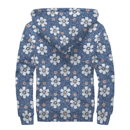 Flower Denim Jeans Pattern Print Sherpa Lined Zip Up Hoodie