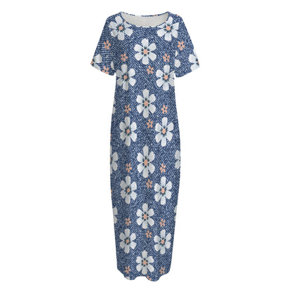 Flower Denim Jeans Pattern Print Short Sleeve Long Nightdress