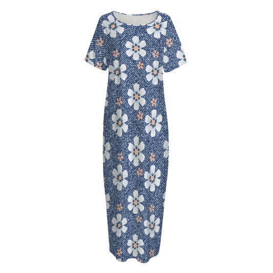 Flower Denim Jeans Pattern Print Short Sleeve Long Nightdress