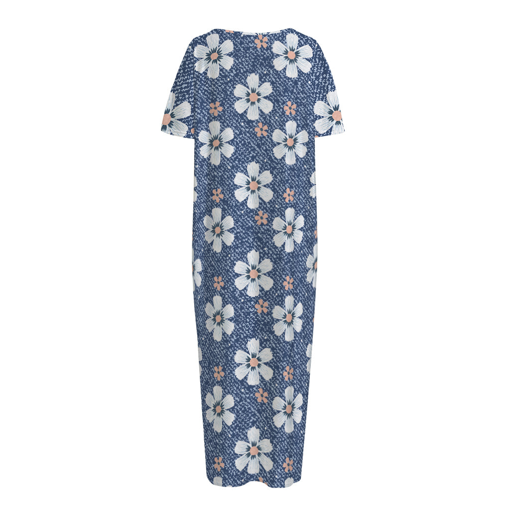 Flower Denim Jeans Pattern Print Short Sleeve Long Nightdress