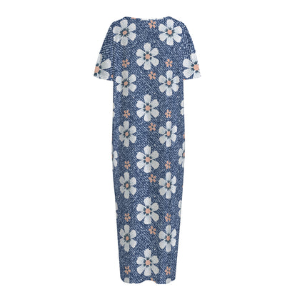 Flower Denim Jeans Pattern Print Short Sleeve Long Nightdress