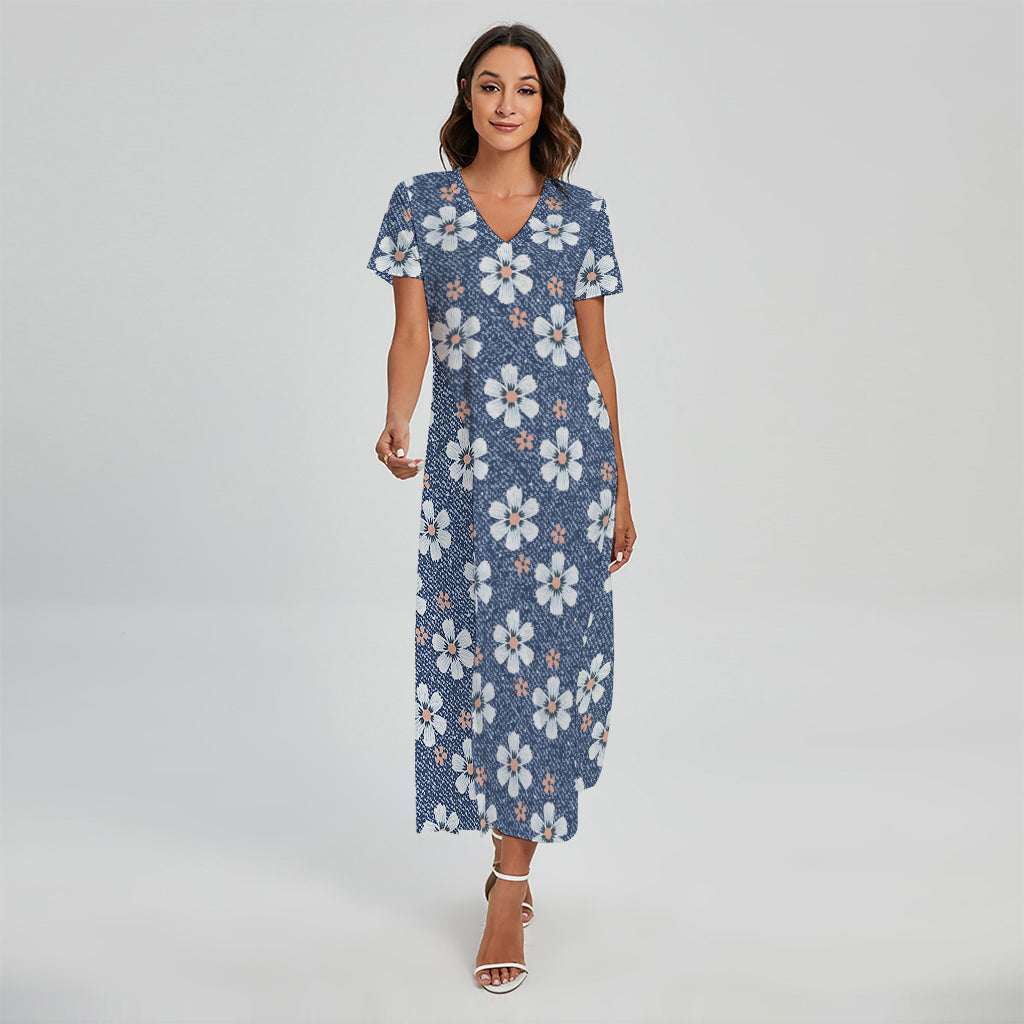 Flower Denim Jeans Pattern Print Short Sleeve Maxi Dress