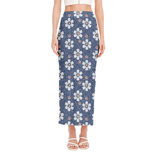 Flower Denim Jeans Pattern Print Side Slit Maxi Skirt