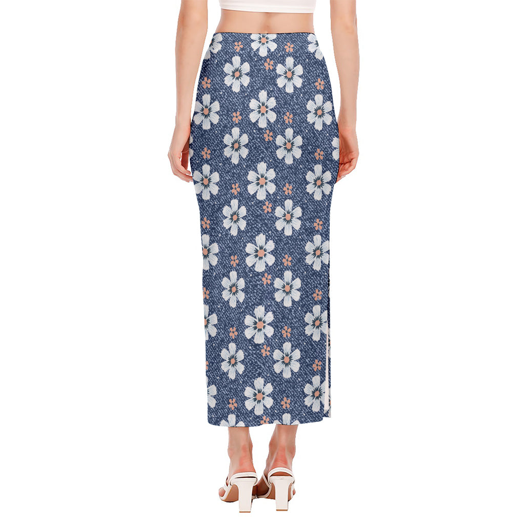 Flower Denim Jeans Pattern Print Side Slit Maxi Skirt