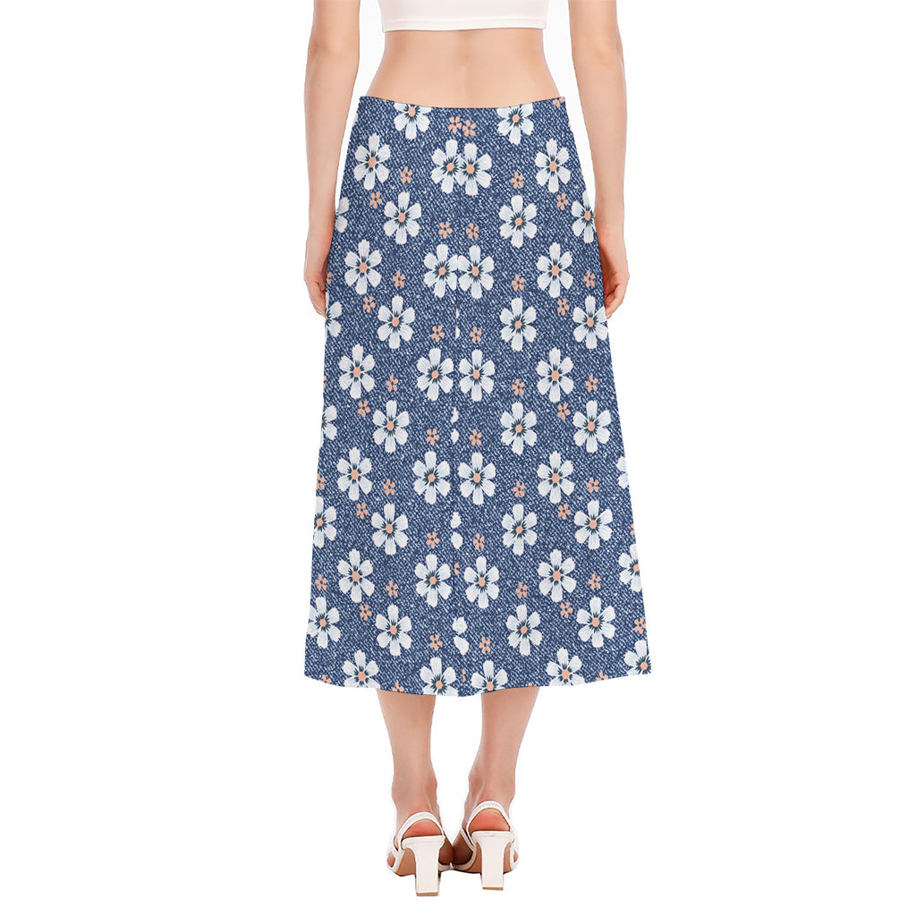 Flower Denim Jeans Pattern Print Side Slit Midi Skirt
