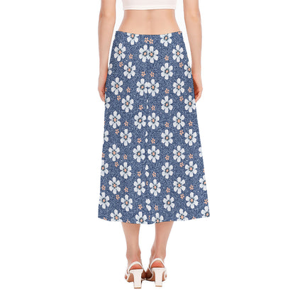 Flower Denim Jeans Pattern Print Side Slit Midi Skirt