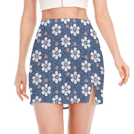 Flower Denim Jeans Pattern Print Side Slit Mini Skirt