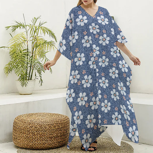 Flower Denim Jeans Pattern Print Silk V-Neck Kaftan Dress