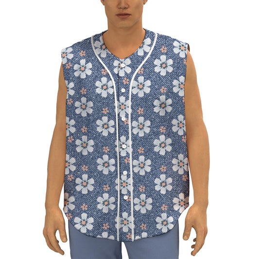 Flower Denim Jeans Pattern Print Sleeveless Baseball Jersey