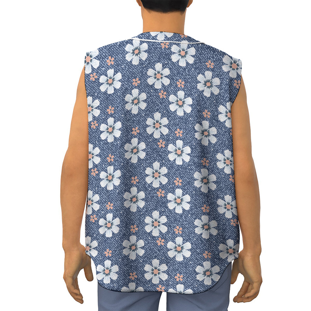 Flower Denim Jeans Pattern Print Sleeveless Baseball Jersey