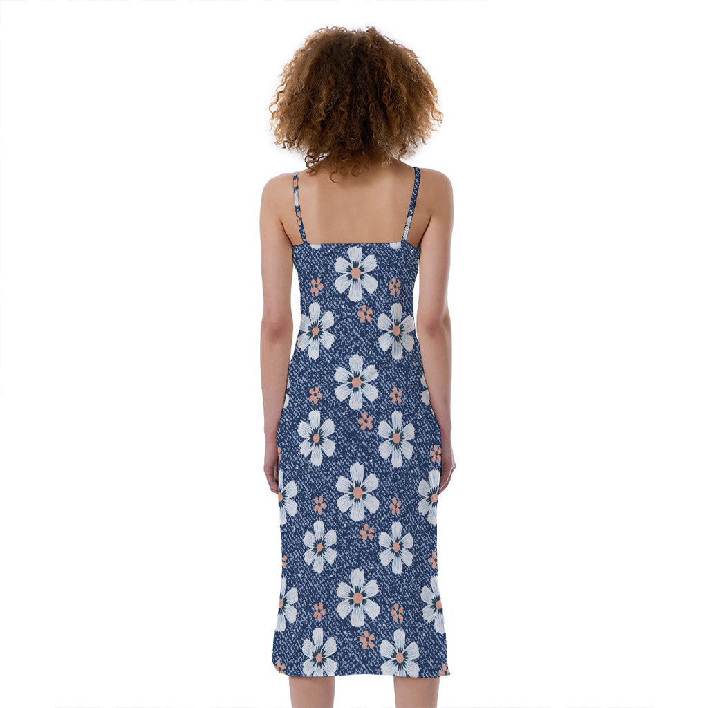 Flower Denim Jeans Pattern Print Slim Fit Midi Cami Dress