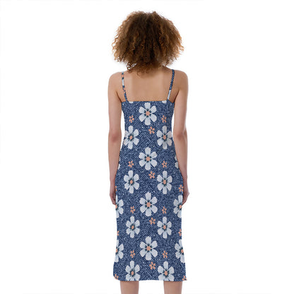 Flower Denim Jeans Pattern Print Slim Fit Midi Cami Dress