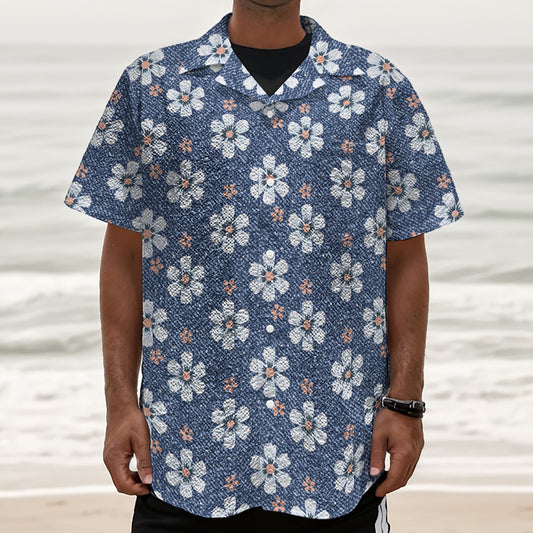 Flower Denim Jeans Pattern Print Textured Short Sleeve Shirt
