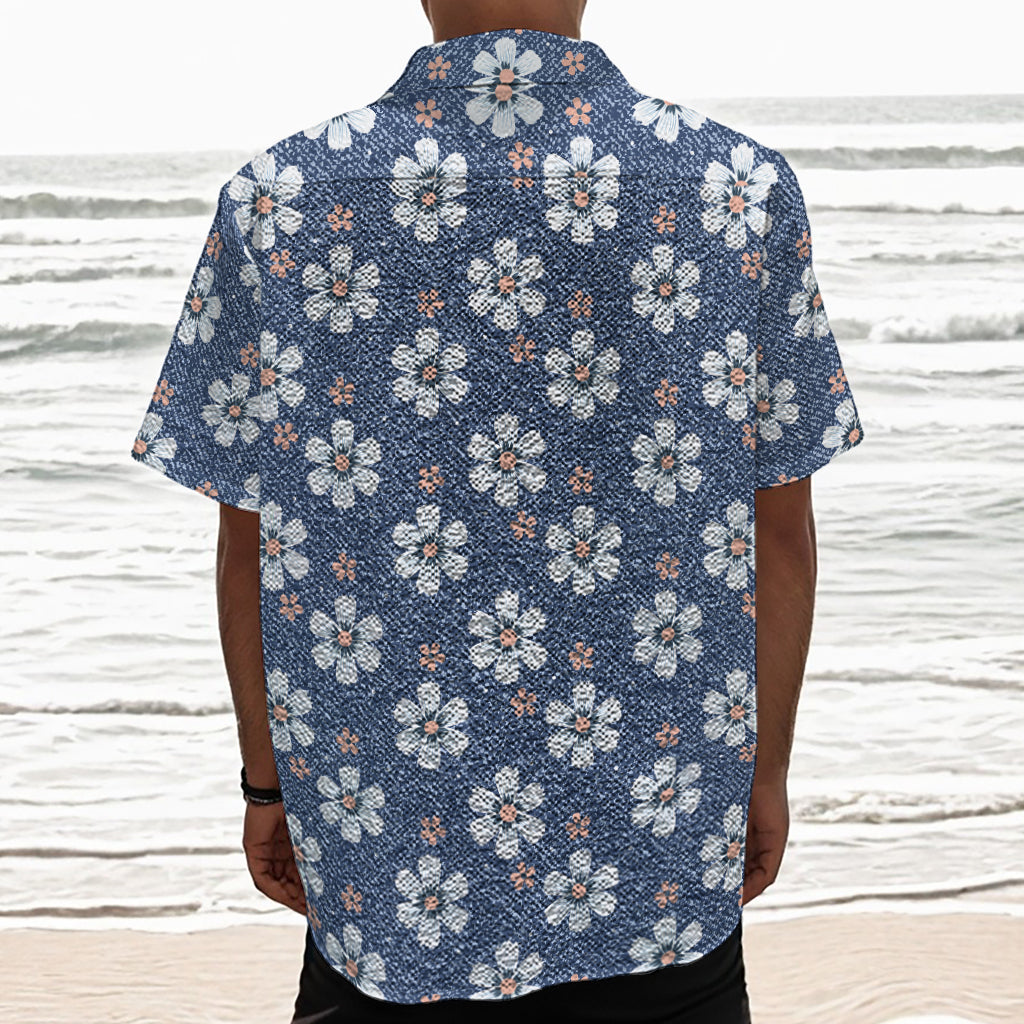Flower Denim Jeans Pattern Print Textured Short Sleeve Shirt