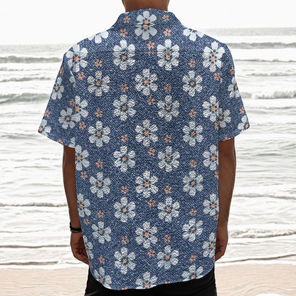 Flower Denim Jeans Pattern Print Textured Short Sleeve Shirt