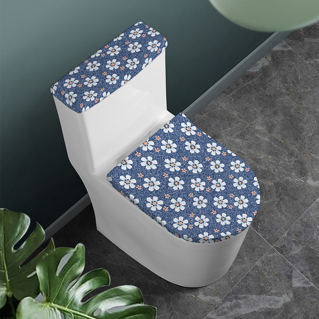 Flower Denim Jeans Pattern Print Toilet Lid And Tank Cover Set