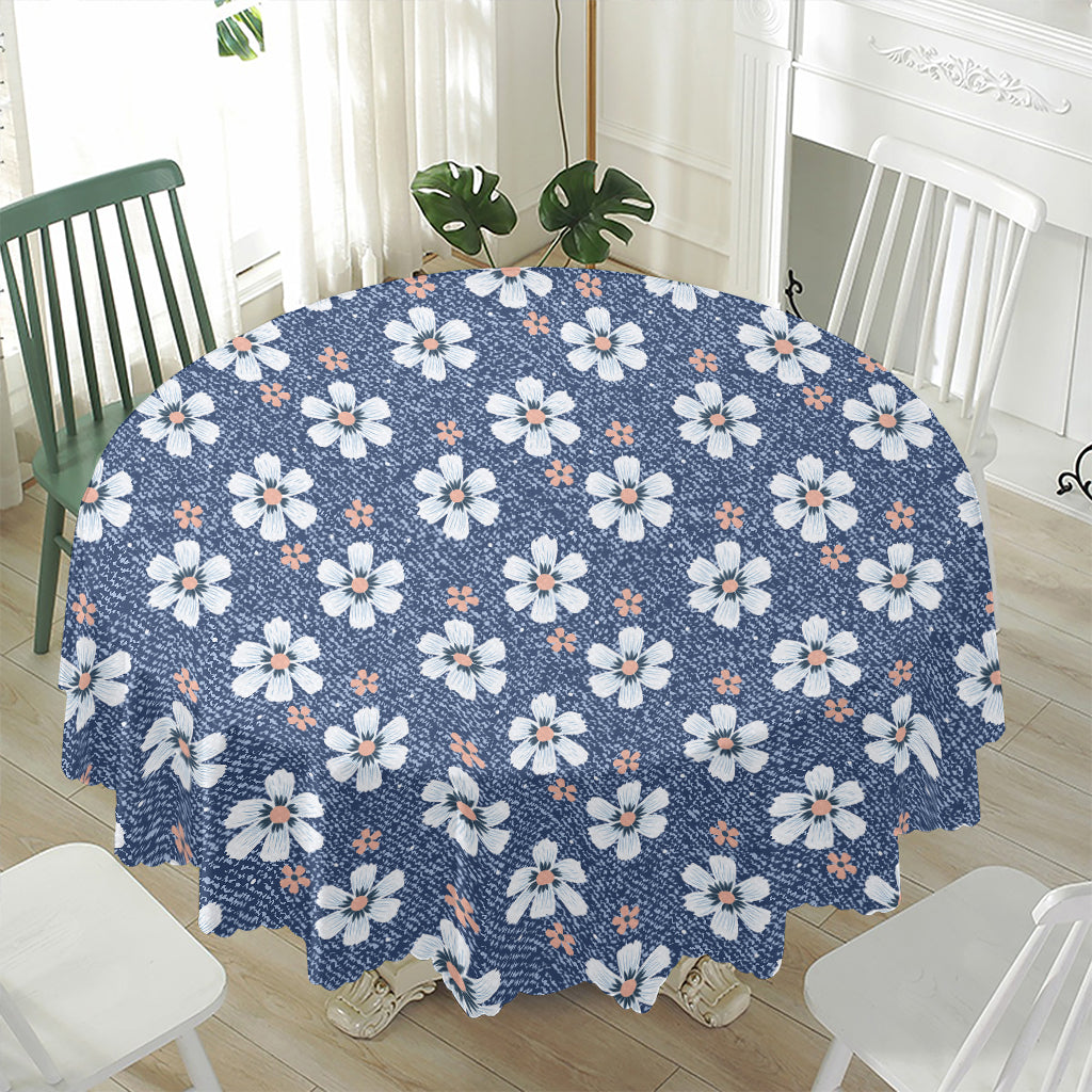 Flower Denim Jeans Pattern Print Waterproof Round Tablecloth