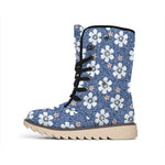 Flower Denim Jeans Pattern Print Winter Boots