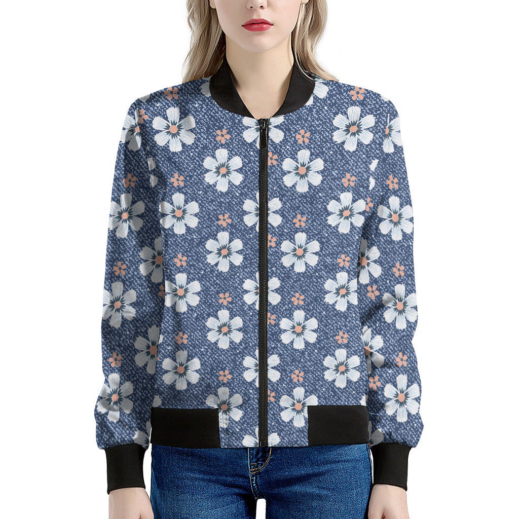 Flower Denim Jeans Pattern Print Women's Bomber Jacket