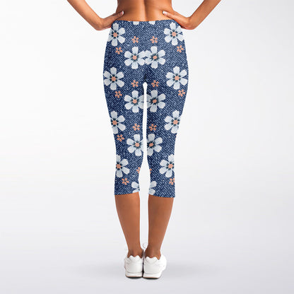 Flower Denim Jeans Pattern Print Women's Capri Leggings