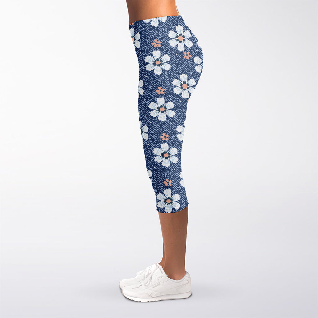 Flower Denim Jeans Pattern Print Women's Capri Leggings