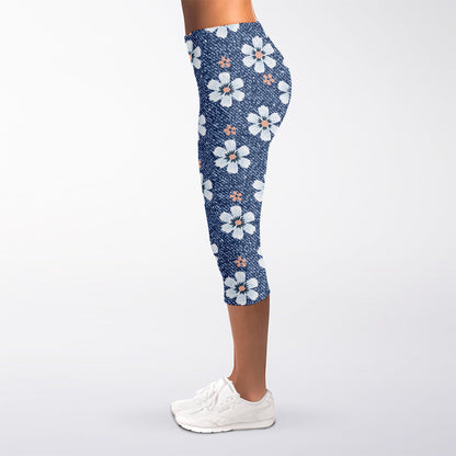 Flower Denim Jeans Pattern Print Women's Capri Leggings