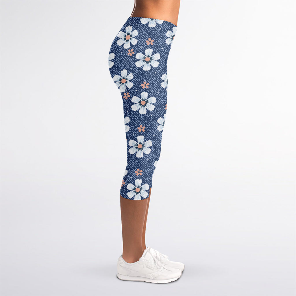 Flower Denim Jeans Pattern Print Women's Capri Leggings