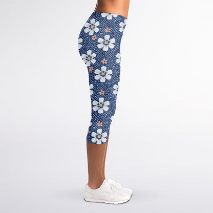 Flower Denim Jeans Pattern Print Women's Capri Leggings