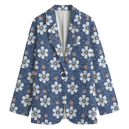 Flower Denim Jeans Pattern Print Women's Cotton Blazer