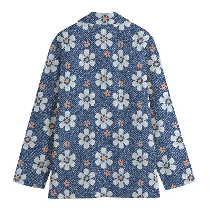 Flower Denim Jeans Pattern Print Women's Cotton Blazer