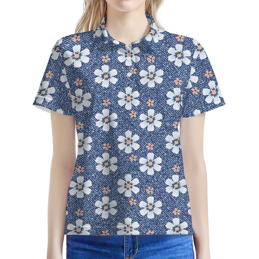 Flower Denim Jeans Pattern Print Women's Polo Shirt
