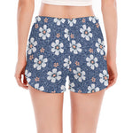 Flower Denim Jeans Pattern Print Women's Split Running Shorts