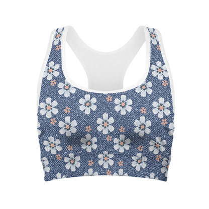 Flower Denim Jeans Pattern Print Women's Sports Bra