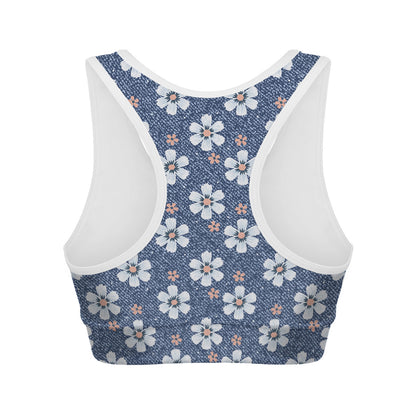 Flower Denim Jeans Pattern Print Women's Sports Bra