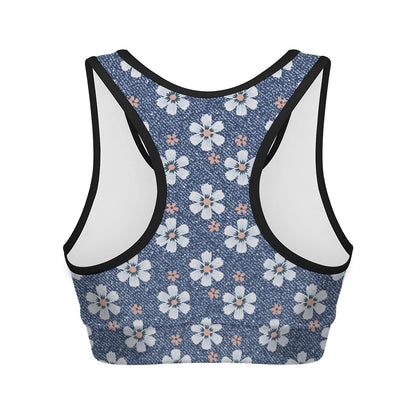 Flower Denim Jeans Pattern Print Women's Sports Bra