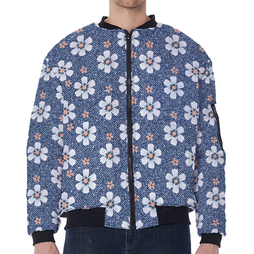 Flower Denim Jeans Pattern Print Zip Sleeve Bomber Jacket
