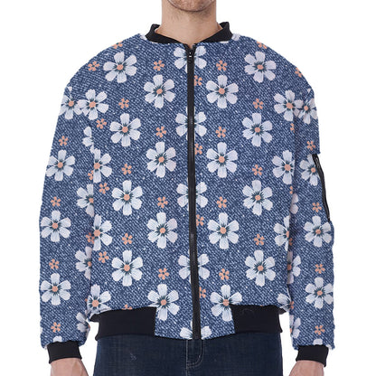 Flower Denim Jeans Pattern Print Zip Sleeve Bomber Jacket