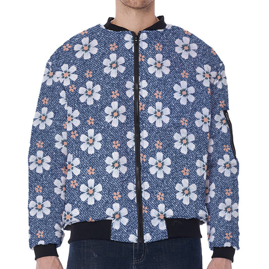 Flower Denim Jeans Pattern Print Zip Sleeve Bomber Jacket