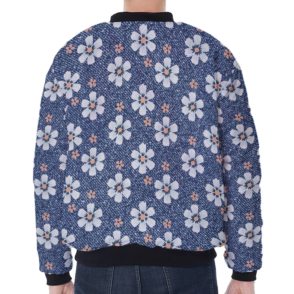 Flower Denim Jeans Pattern Print Zip Sleeve Bomber Jacket