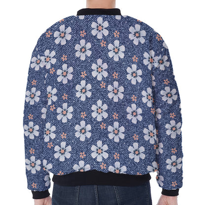 Flower Denim Jeans Pattern Print Zip Sleeve Bomber Jacket