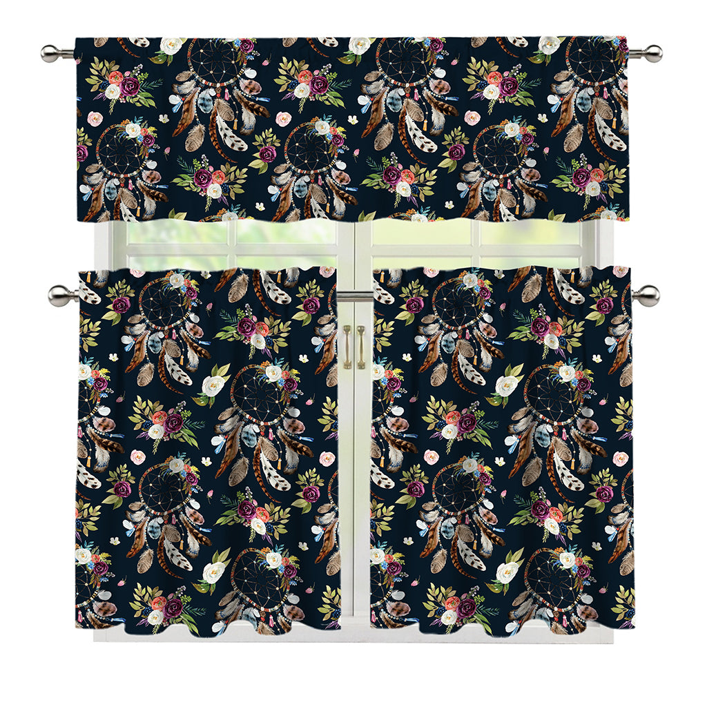 Flower Dream Catcher Pattern Print 3 Piece Kitchen Curtains