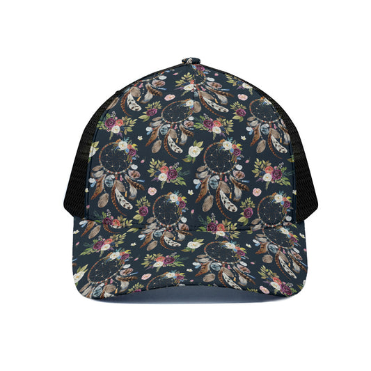 Flower Dream Catcher Pattern Print Black Mesh Trucker Cap