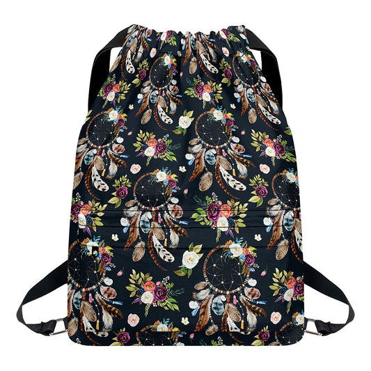 Flower Dream Catcher Pattern Print Drawstring Backpack