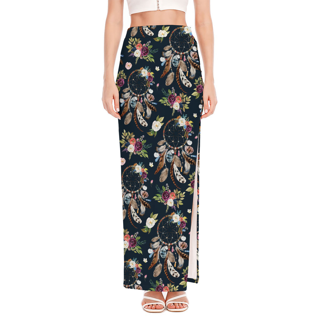 Flower Dream Catcher Pattern Print High Slit Maxi Skirt
