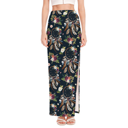 Flower Dream Catcher Pattern Print High Slit Maxi Skirt