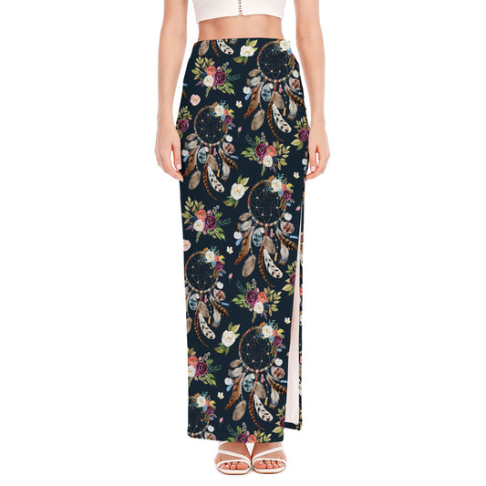 Flower Dream Catcher Pattern Print High Slit Maxi Skirt