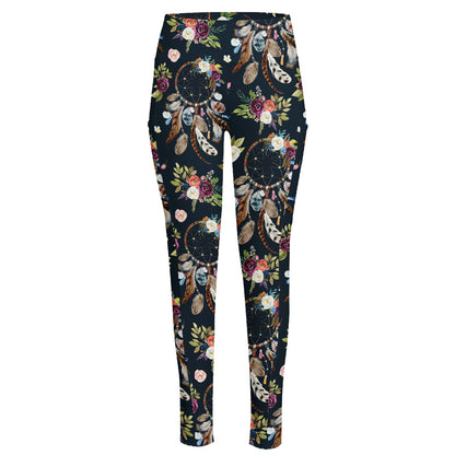 Flower Dream Catcher Pattern Print High-Waisted Pocket Leggings